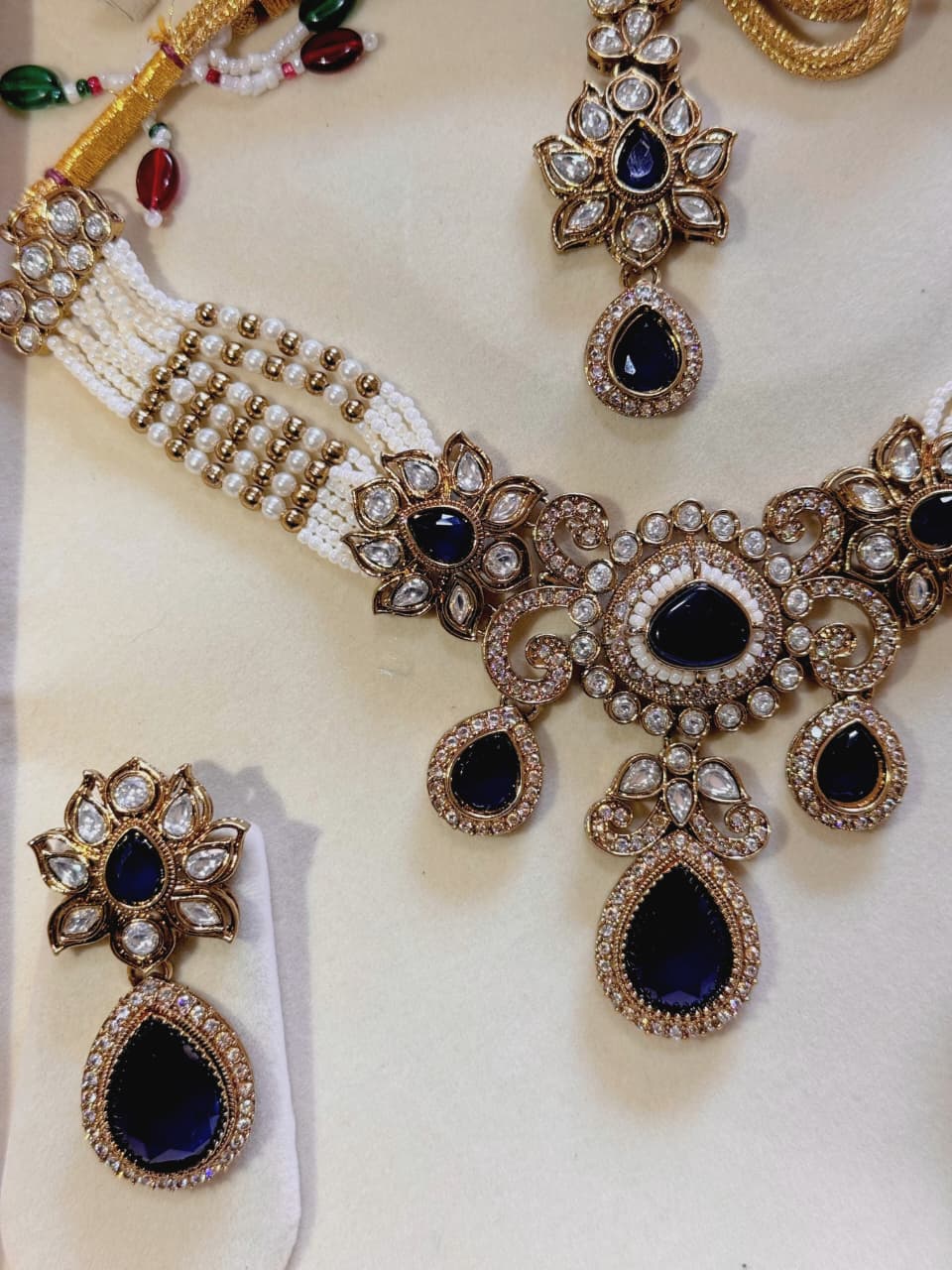 Royal Blue Pearl Kundan Polki Set