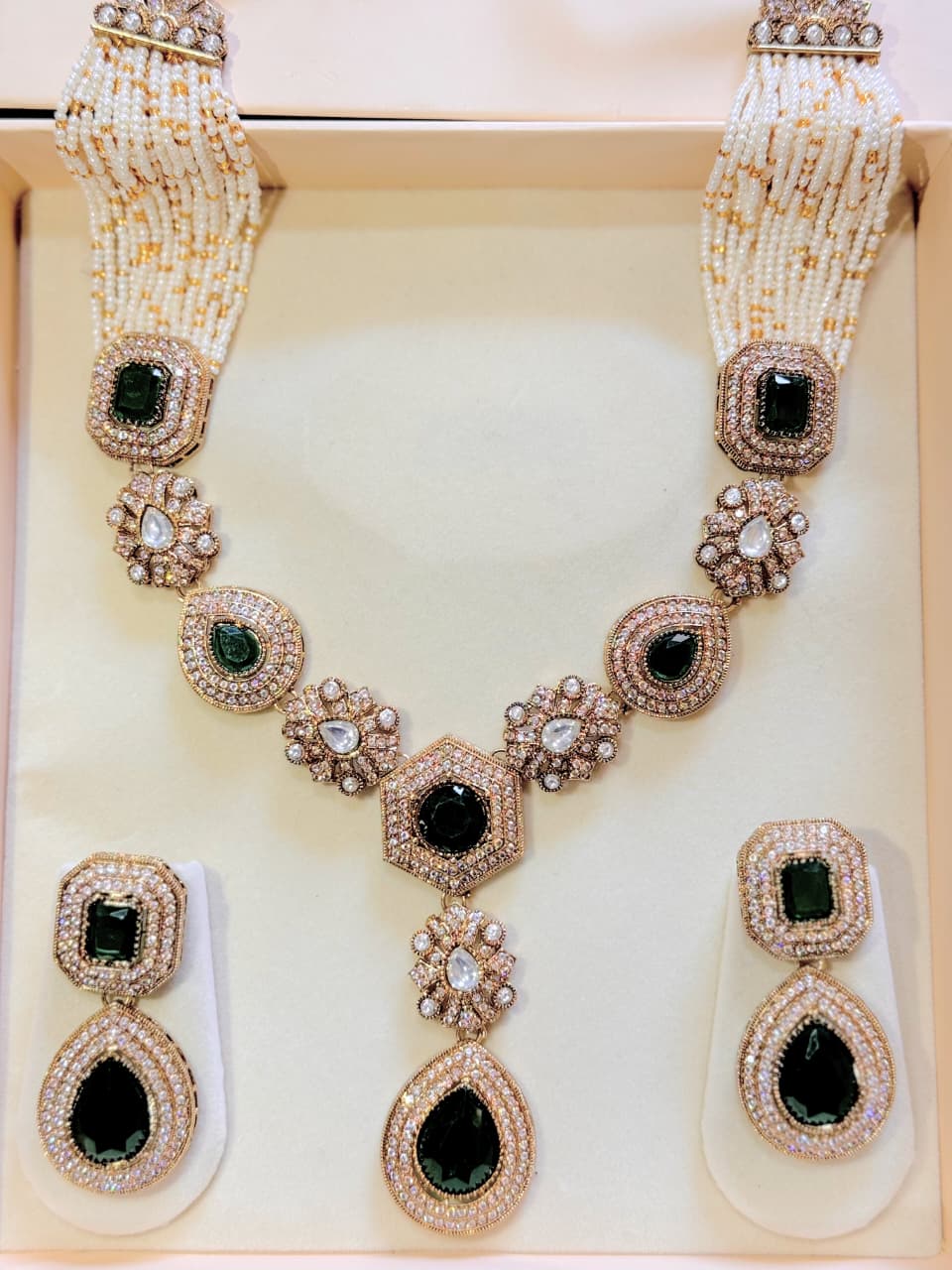 SREE Deep Green Long Peral Necklace Set