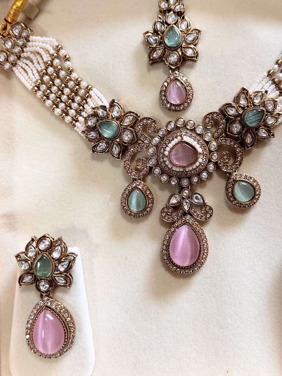 Pastel Royal Pearl kundan Polki Set - Pink and Mint stone