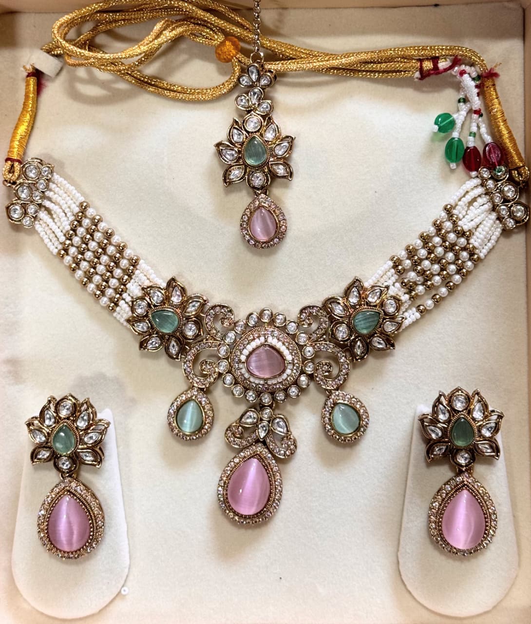 Pastel Royal Pearl kundan Polki Set - Pink and Mint stone