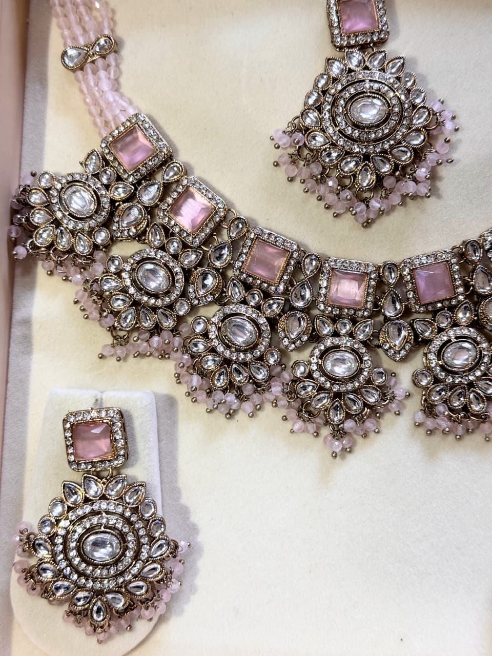 SREE Mohini Rose Polki Set - Rose Pink Square Stone and Premium Polki Detailing