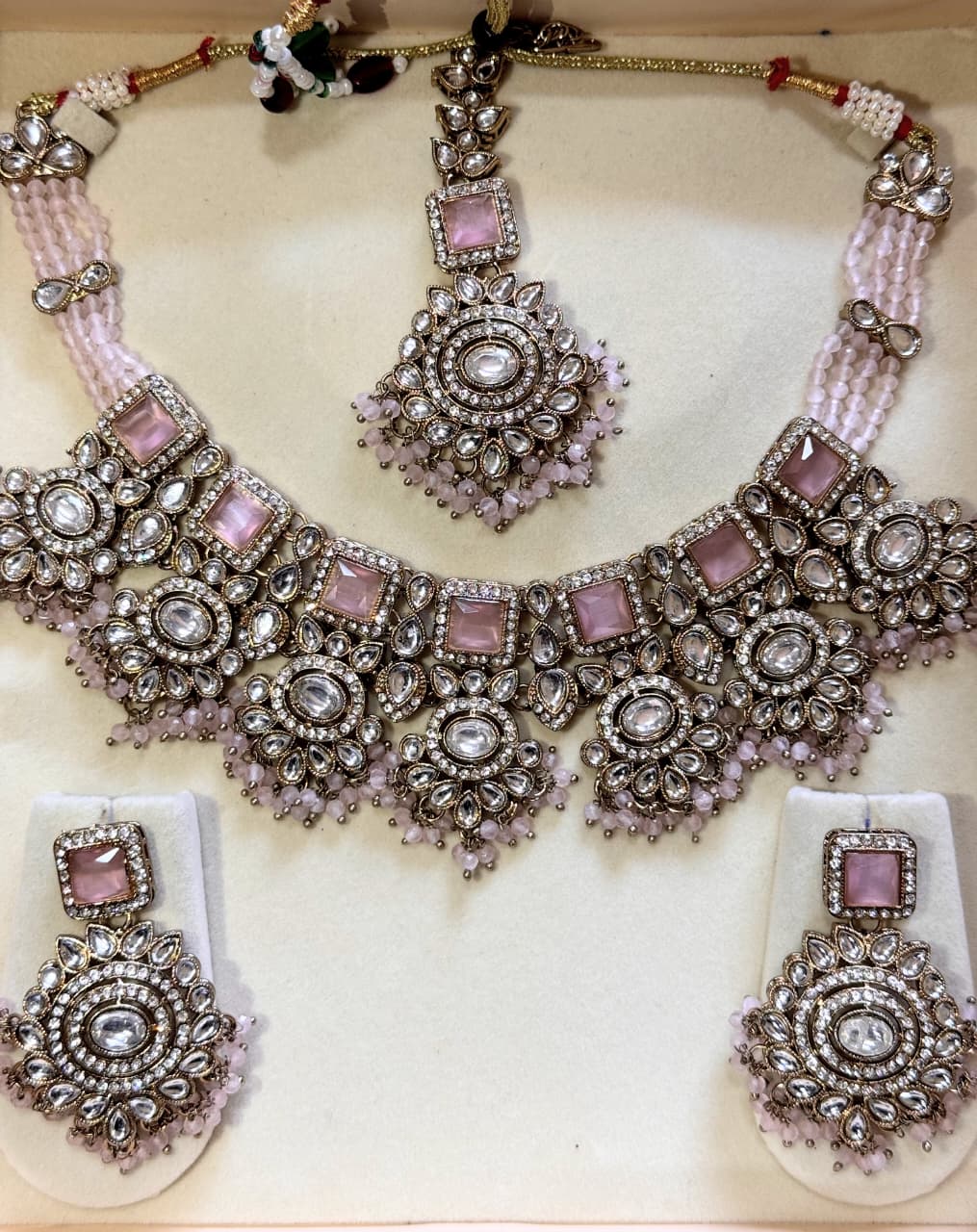 SREE Mohini Rose Polki Set - Rose Pink Square Stone and Premium Polki Detailing
