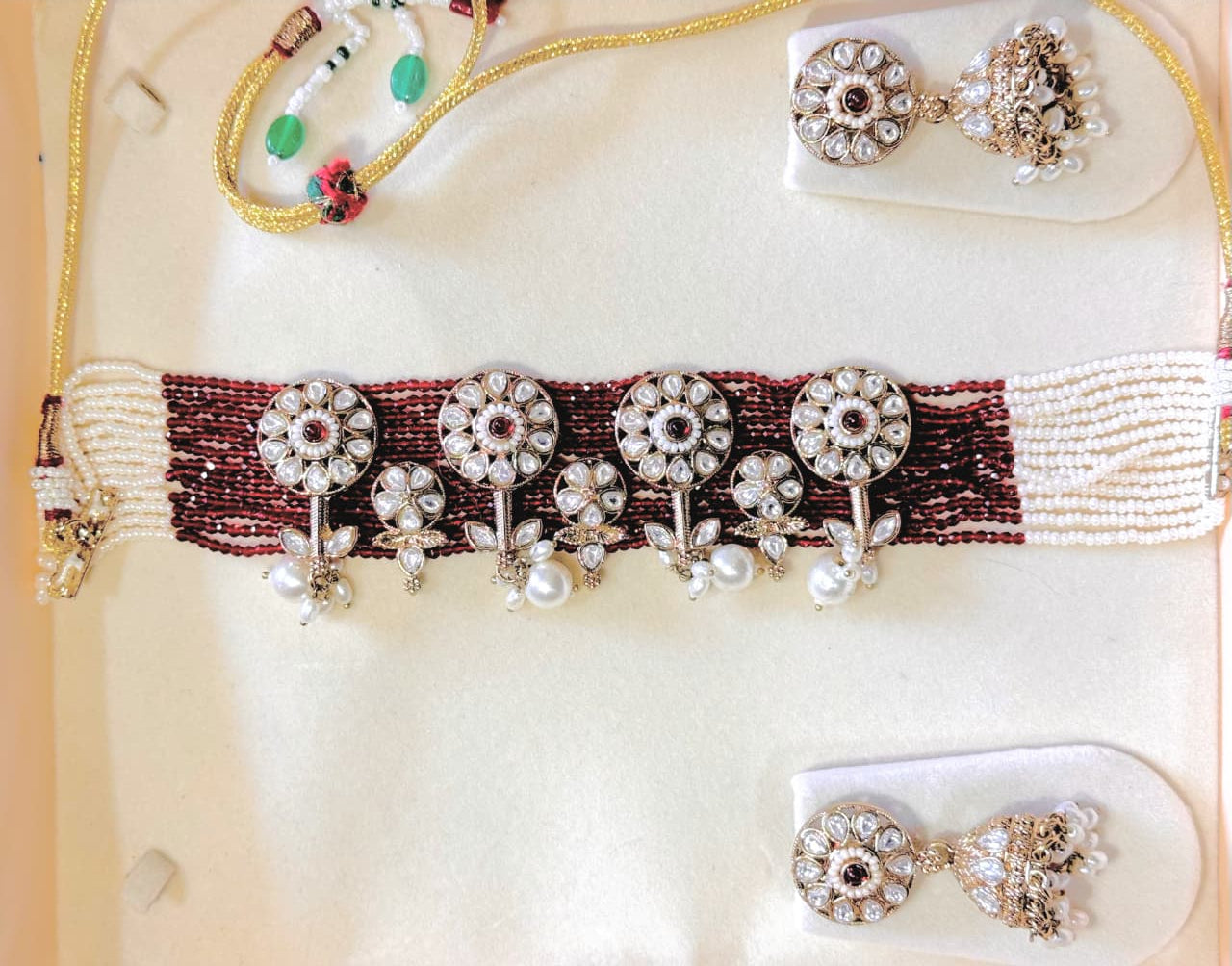 SREE Rosette Floral Motif Pearl Choker